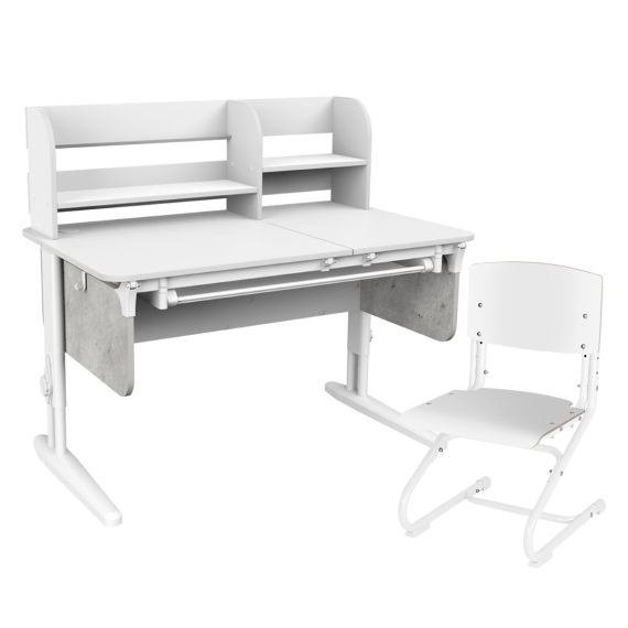 Комплект Дэми СУТ.62 PRO парта + стул + надстройка + выдвижной ящик белый/метрополитан грей/белый со стулом СУТ-01-01 фанера белый/белый